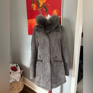 Shearling suede leather coat gray fur trim made in Italy women's 46